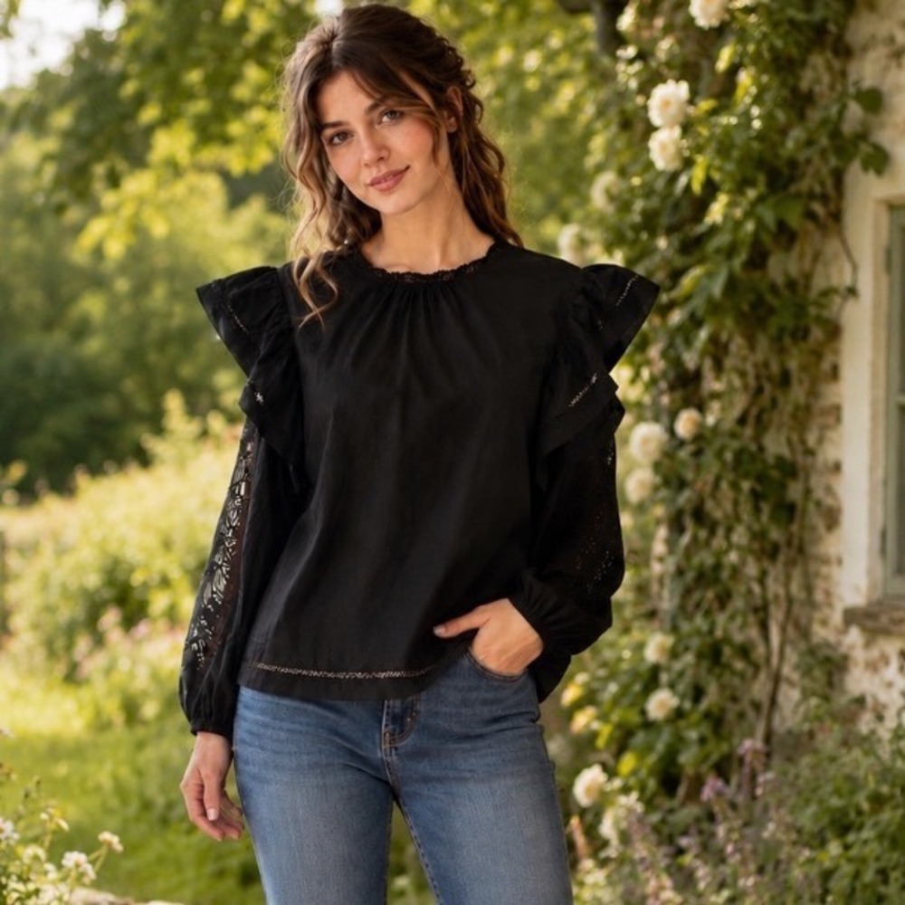 NWT J CREW black Shoulder Eyelet Lace Long Sleeve Blouse Cotton Poplin Top CL